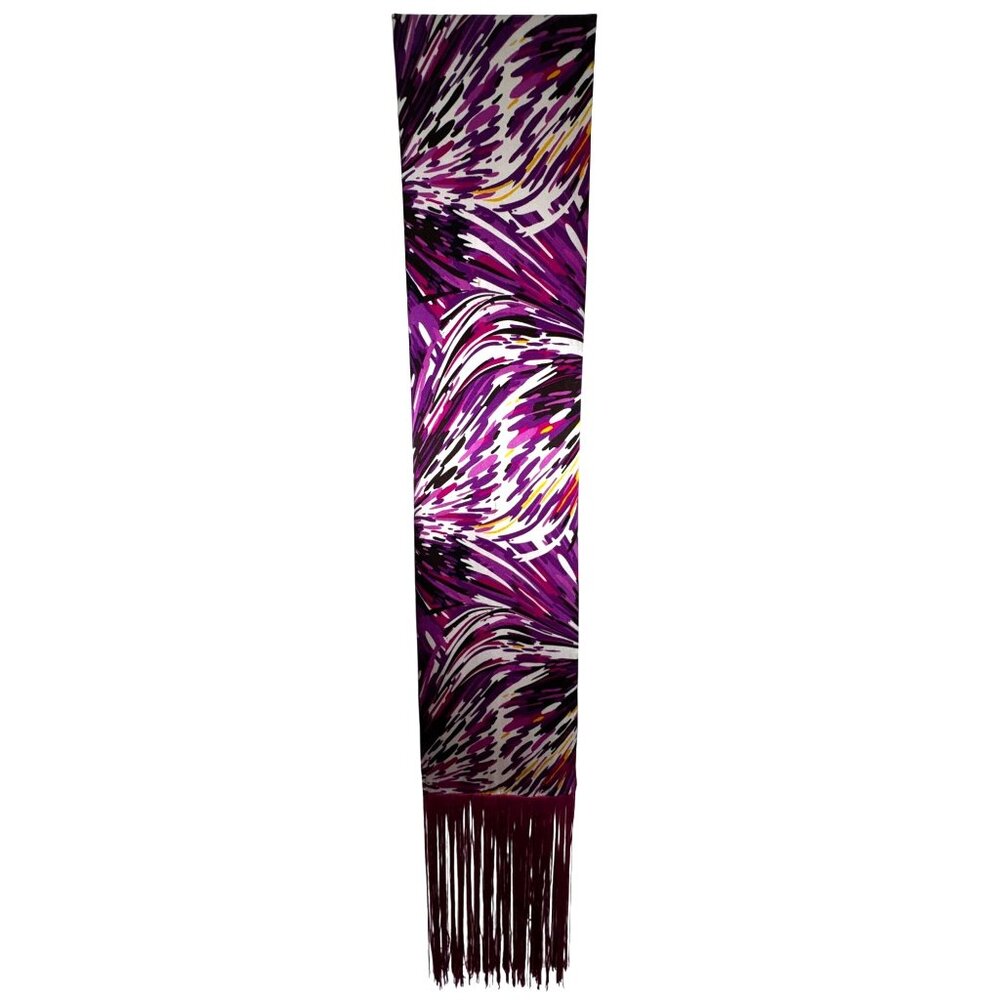 Bebe Long Purple Abstract‎ Patterned Silk Scarf With Fringe Glam Rock Luxury Hot